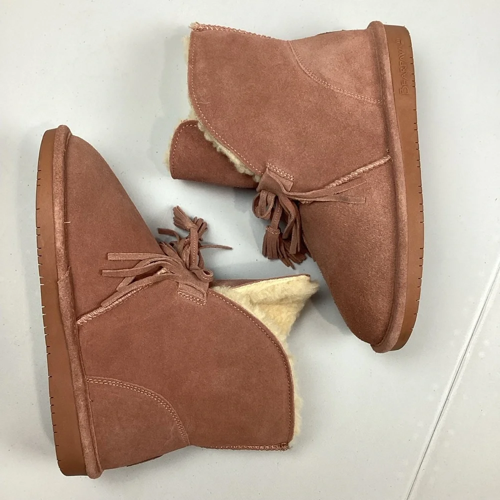 Bearpaw Christie Wide Suede Sheepskin Pink Winter Ankle Boots Booties